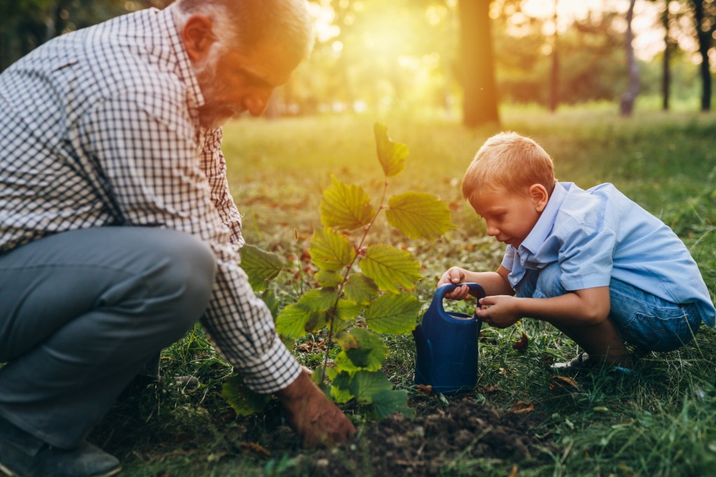 Grandfather and child planting a tree symbolizing Generational Wealth.